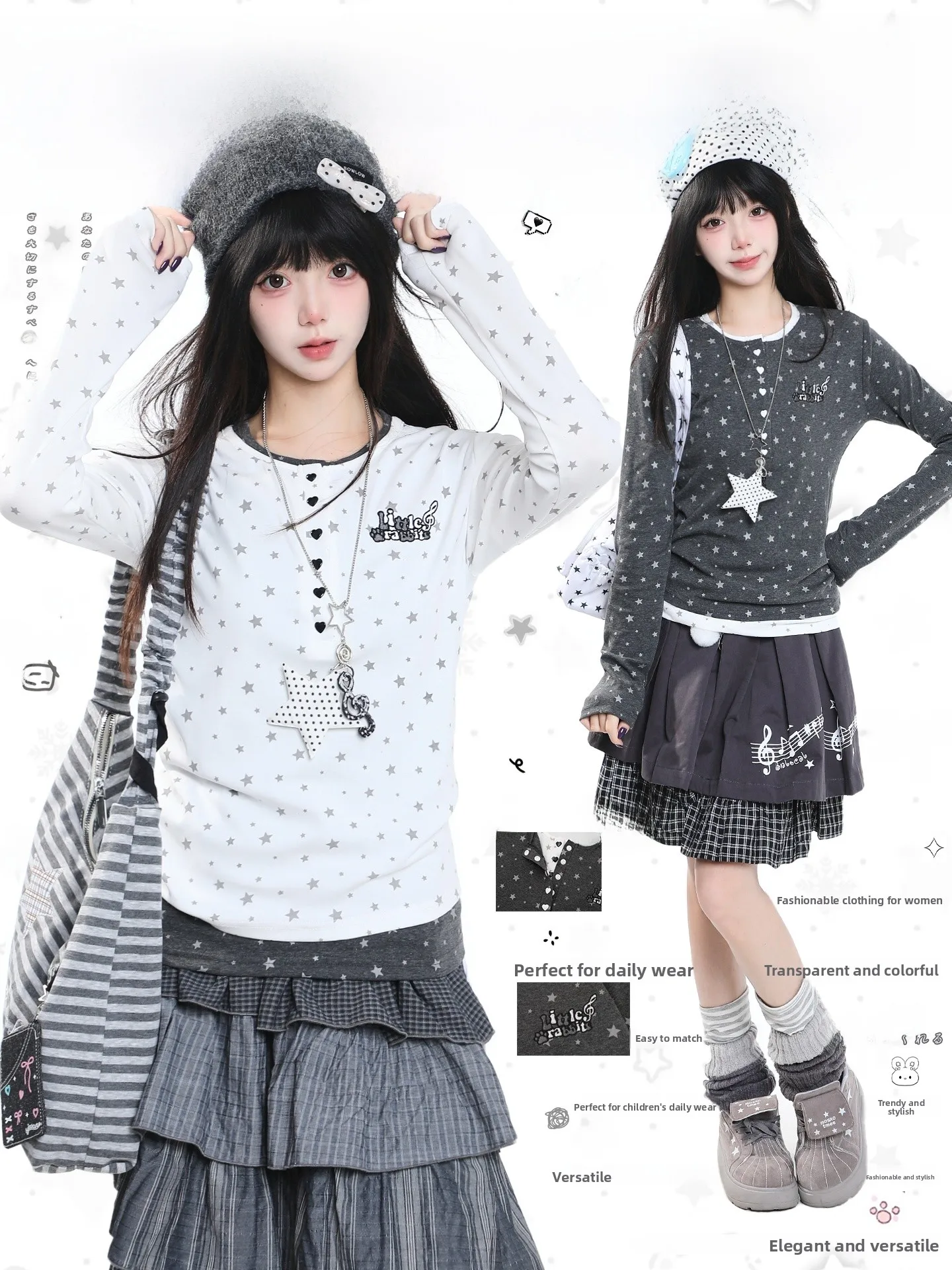 Korean Style Long Sleeve T-Shirt Women's Casual Overhead Slimming Design Star Print Top for Autumn Season Breathable Material