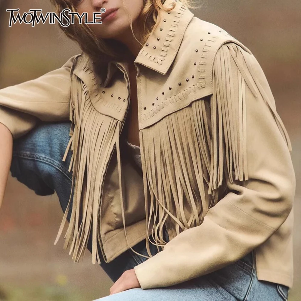

TWOTWINSTYLE Solid Minimalist Spliced Zipper Jackets for Women Lapel Long Sleeve Minimalist Coats Female Fashion Style