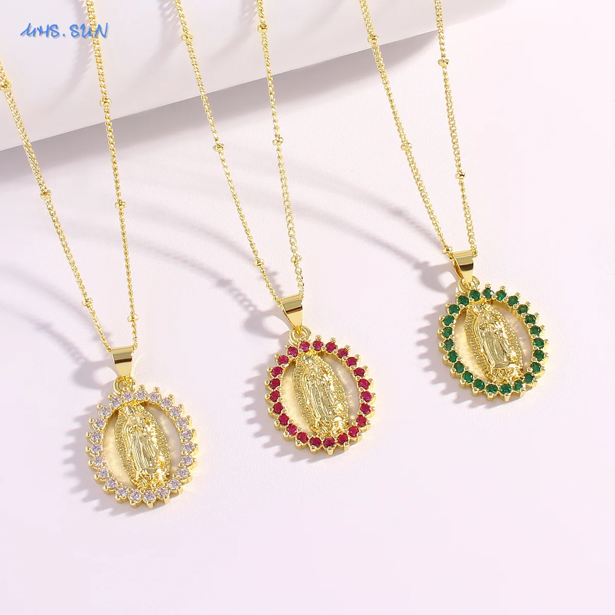 MHS.SUN New Virgin Mary Portrait Necklace for Women European and American Zircon Santa Maria Pendant Hollow Circular Necklaces