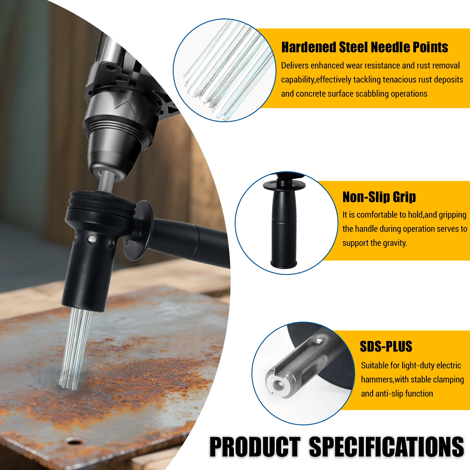 SDS Plus Electric Hammer Needle Scaler Adapter for Rust Removal Concrete Drilling Tile Installation