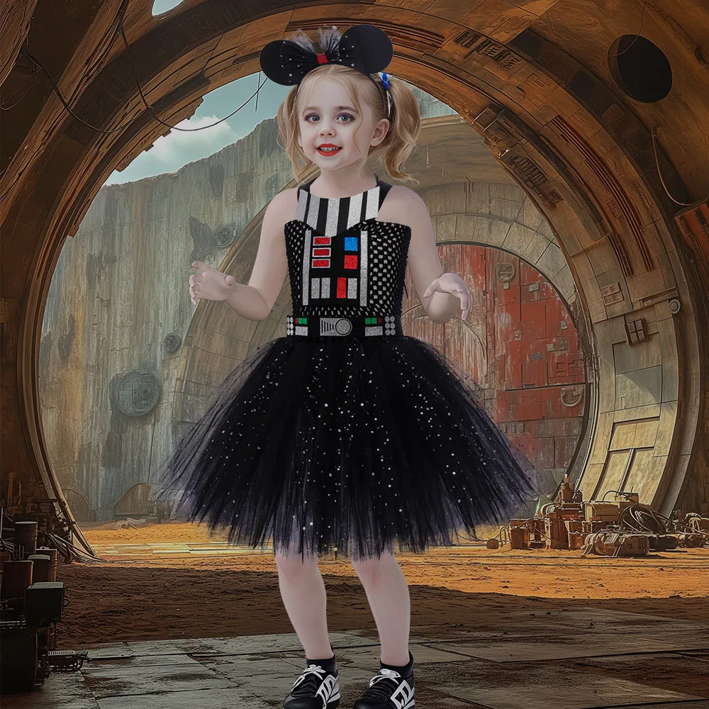 Halloween New Girl Black Mesh Tutu Skirt Dress Children Performance Wear With Spider Web Hair Hoop Fairy Wand Kit For Stage Show