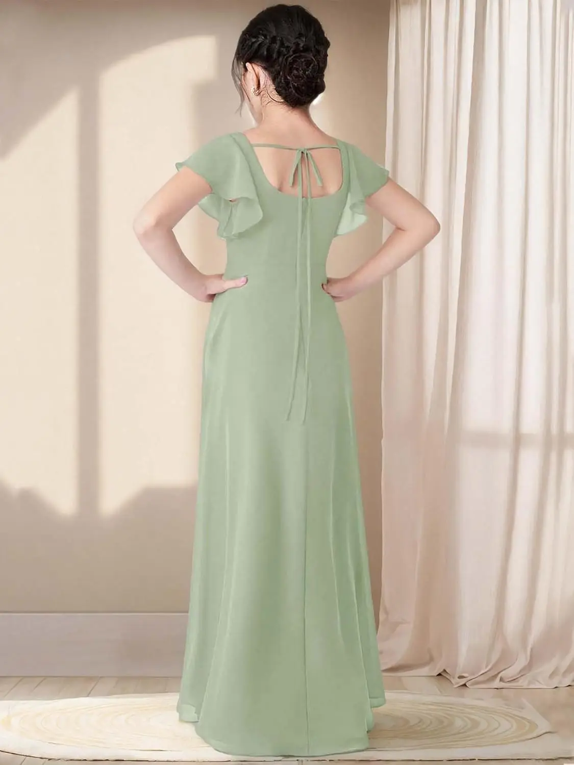 주니어 신부 들러리 A라인 드레스 슬릿 짧은 소매 스퀘어 넥 시폰 플라워 걸 파티 드레스 소녀용