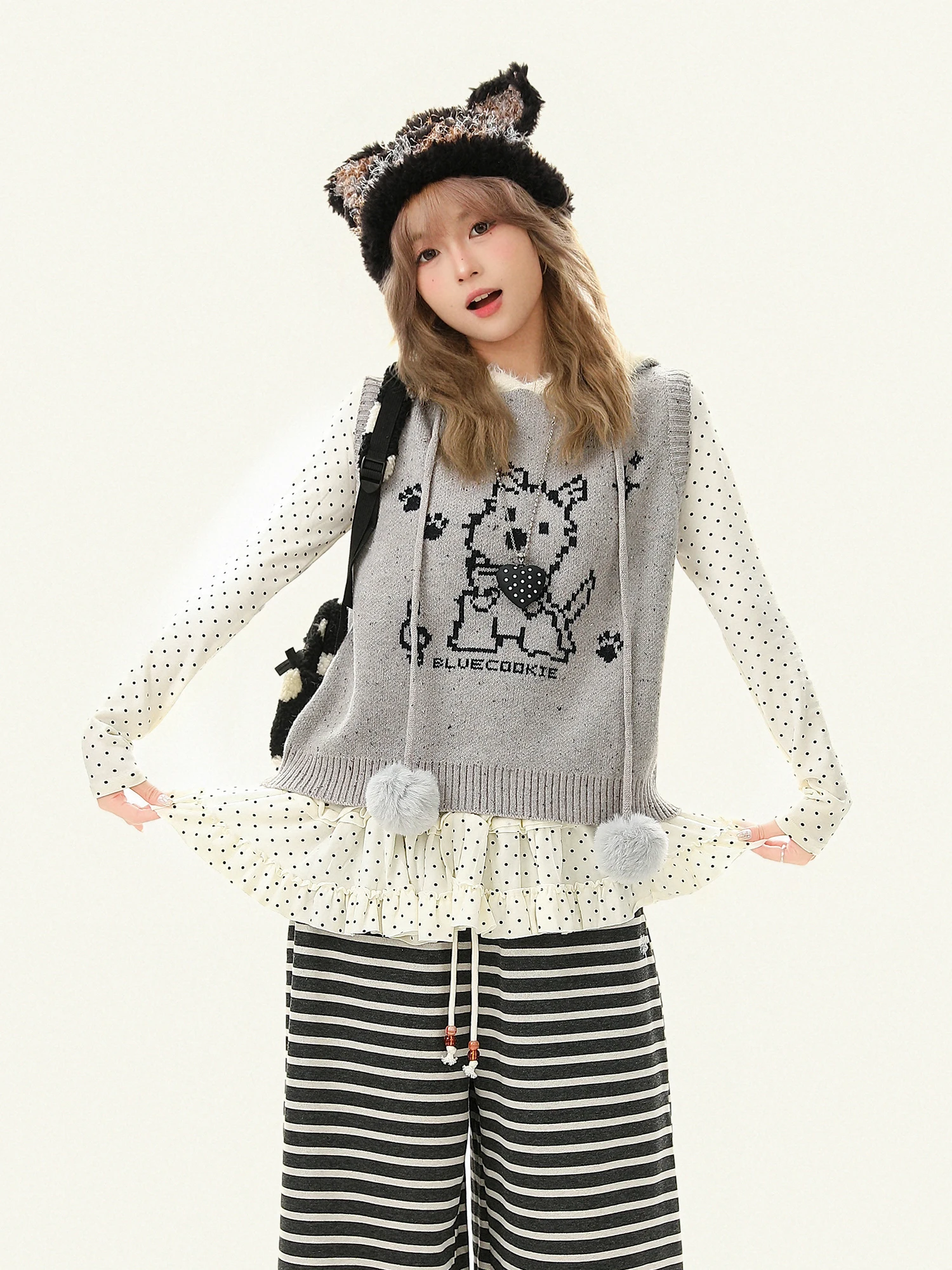 

Sweet Sle Knitted Hat Vest Women's Autumn Winter Furry Decoration Outerwear Layering Sweater Warmth Feels Nylons Mixed Fabric