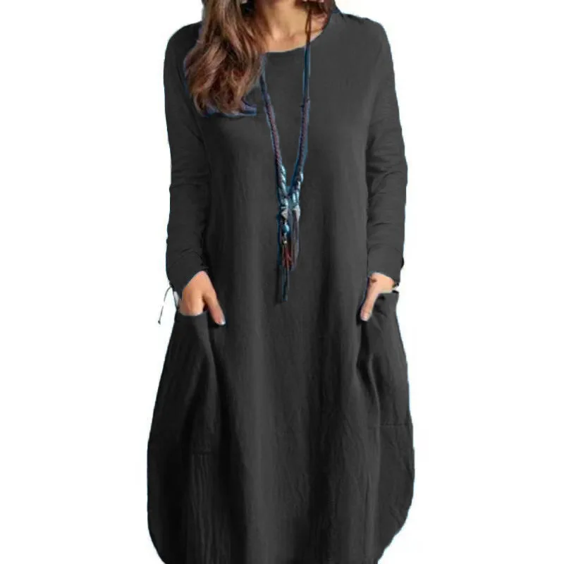 Women Cotton Linen Midi Dress Winter Loose Ladies Dresses Casual Solid Color Pocket Long Sleeve Dress 2022 Autumn Winter Vestido