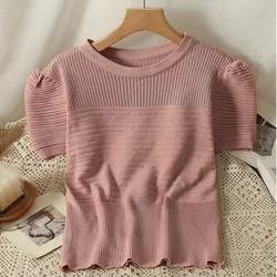 Abrini Women Summer Purple Striped T-shirts Puff Sleeve Sweet Tops O-Neck Basic Causal Tee Office Shirt Blouse Spring