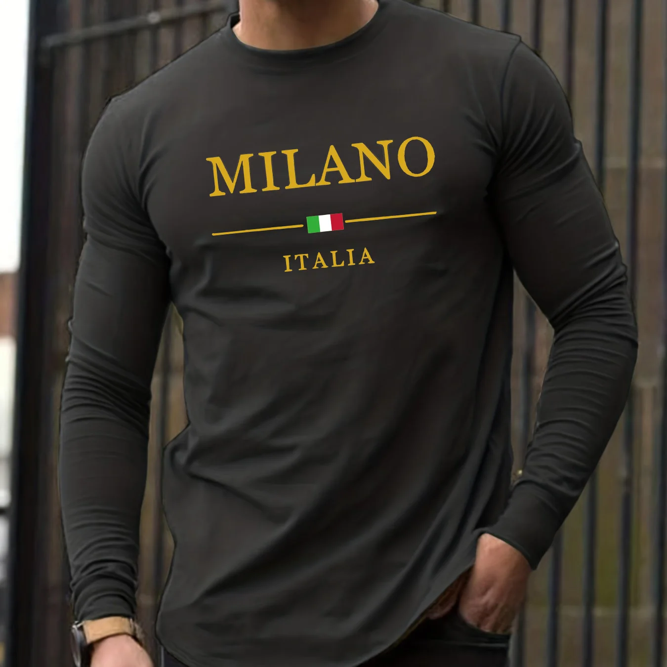 Men's Spring and Autumn 100% Cotton Comfortable Casual MILANO ITALIA Pattern Printed Round Neck Long Sleeve T-shirt Top