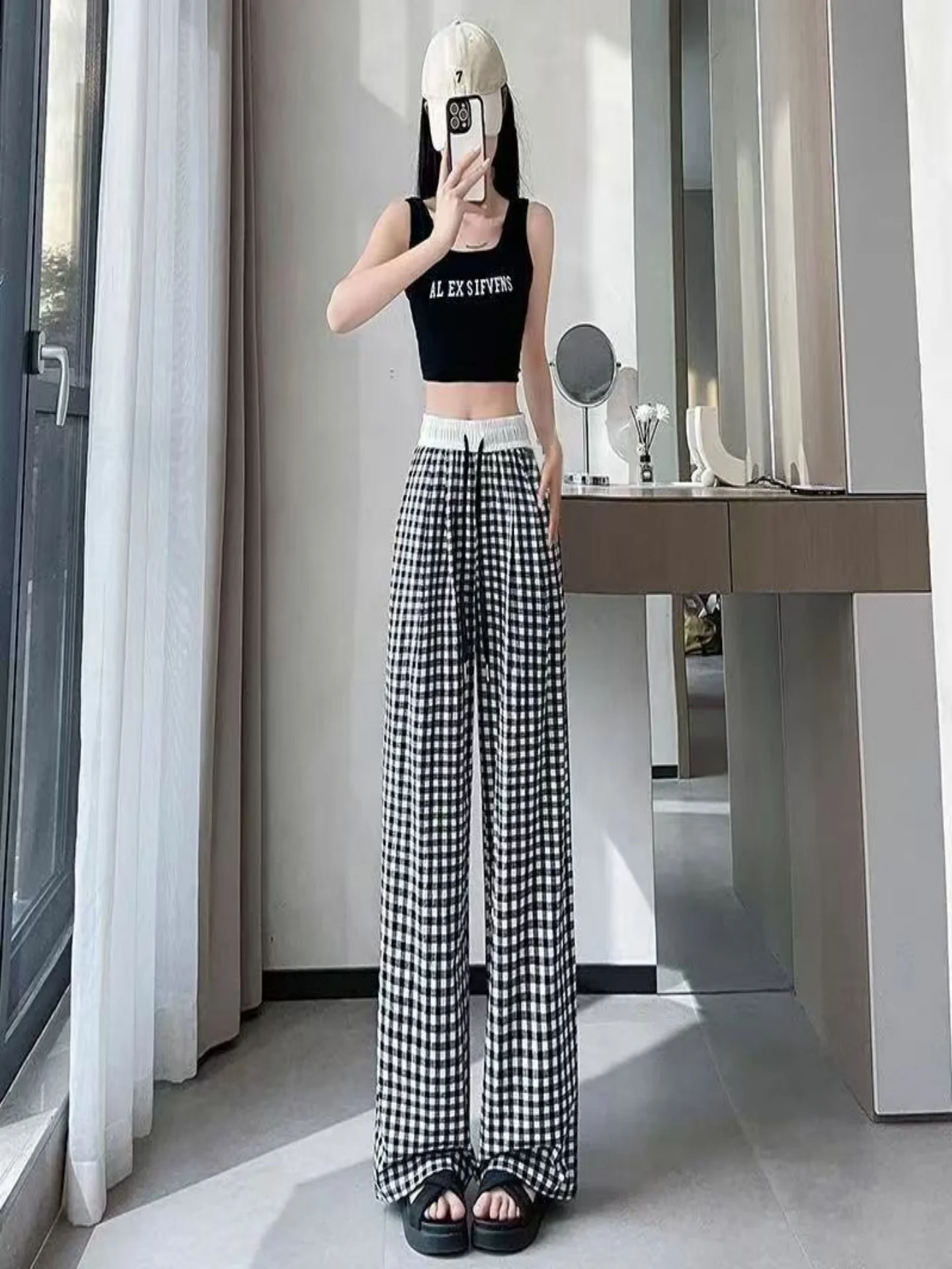 

High Waist Plaid Wide Leg Straight Cut Loose Fit Summer Casual Pants Black White Versatile Elastic Casual Slimming Trousers