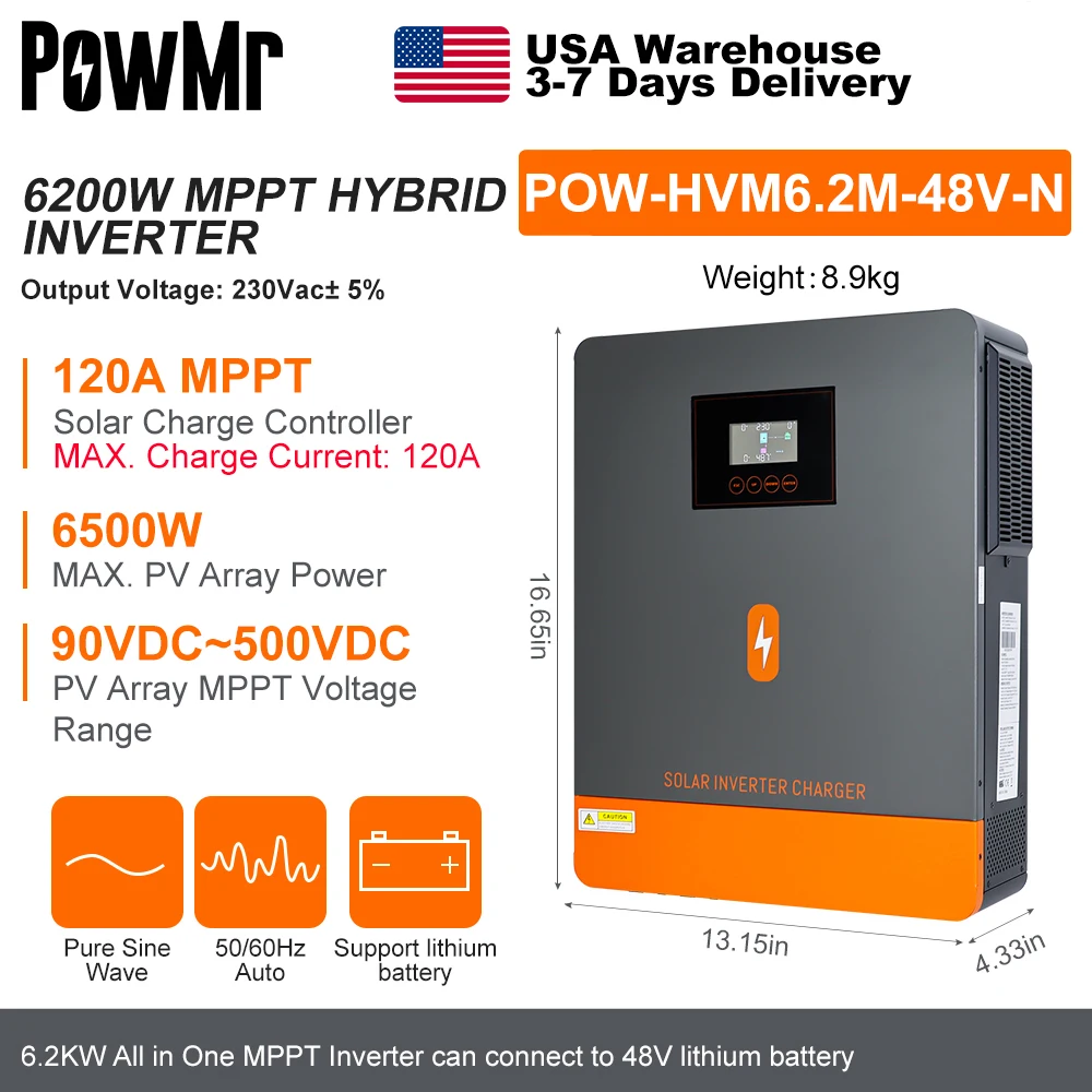 محولات الطاقة الشمسية الهجينة PowMr 6.2KW 48V مخرج 230Vac مع شاحن MPPT 120A لإدخال Max Panel PV 500VDC وبطارية Lifepo4