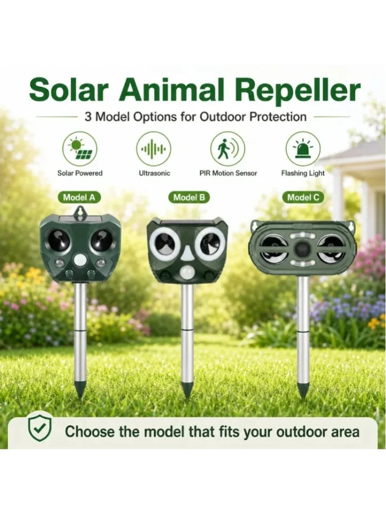Solarbetriebener Ultraschall-Tiervertreiber mit PIR-Bewegungssensor, blinkendem LED-Licht, einstellbarer Frequenz und Empfindlichkeit, zur Abschreckung im Freien, mit Erdspieß, Wand- und Baumhalterung