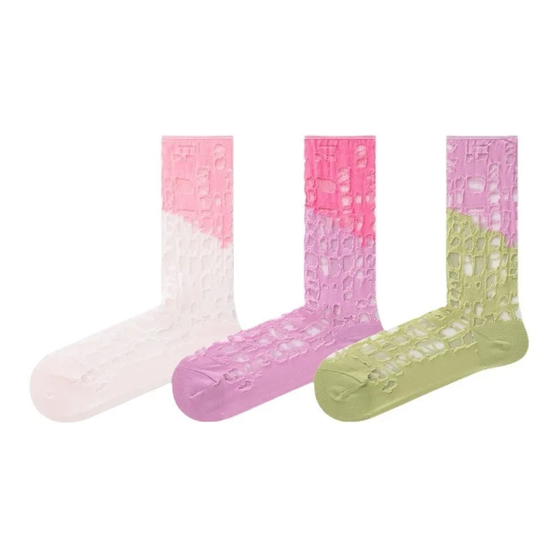 Calcetines de tubo medio para hombre y mujer, medias de seda de cristal de alta calidad, colores finos a juego, con agujeros, 1/3 pares