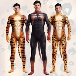 Halloween Cosplay Men Long Sleeve Zenti Party Bodysuit Pajamas Family Animal Leopard Print Onesie Long Sleeve Wild Outfits