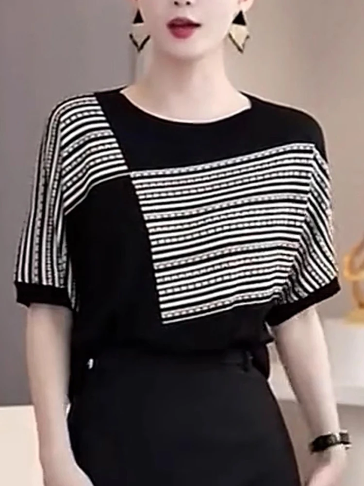 

Корейская круглая футболка Ne Knitted Ice Silk ort Sve Color Blo Design Faionable Slimming Top Commute Wind Straig...