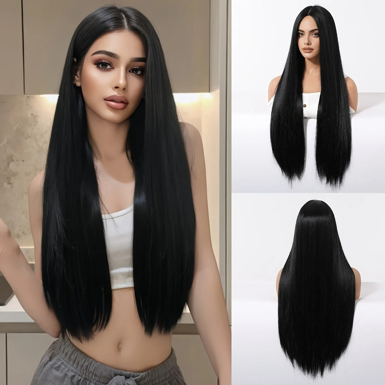 Elegant 28 Inch Black Straight Synthetic Wig for Women, High Temperature Fiber, with Rose Net Cap, for Parties and