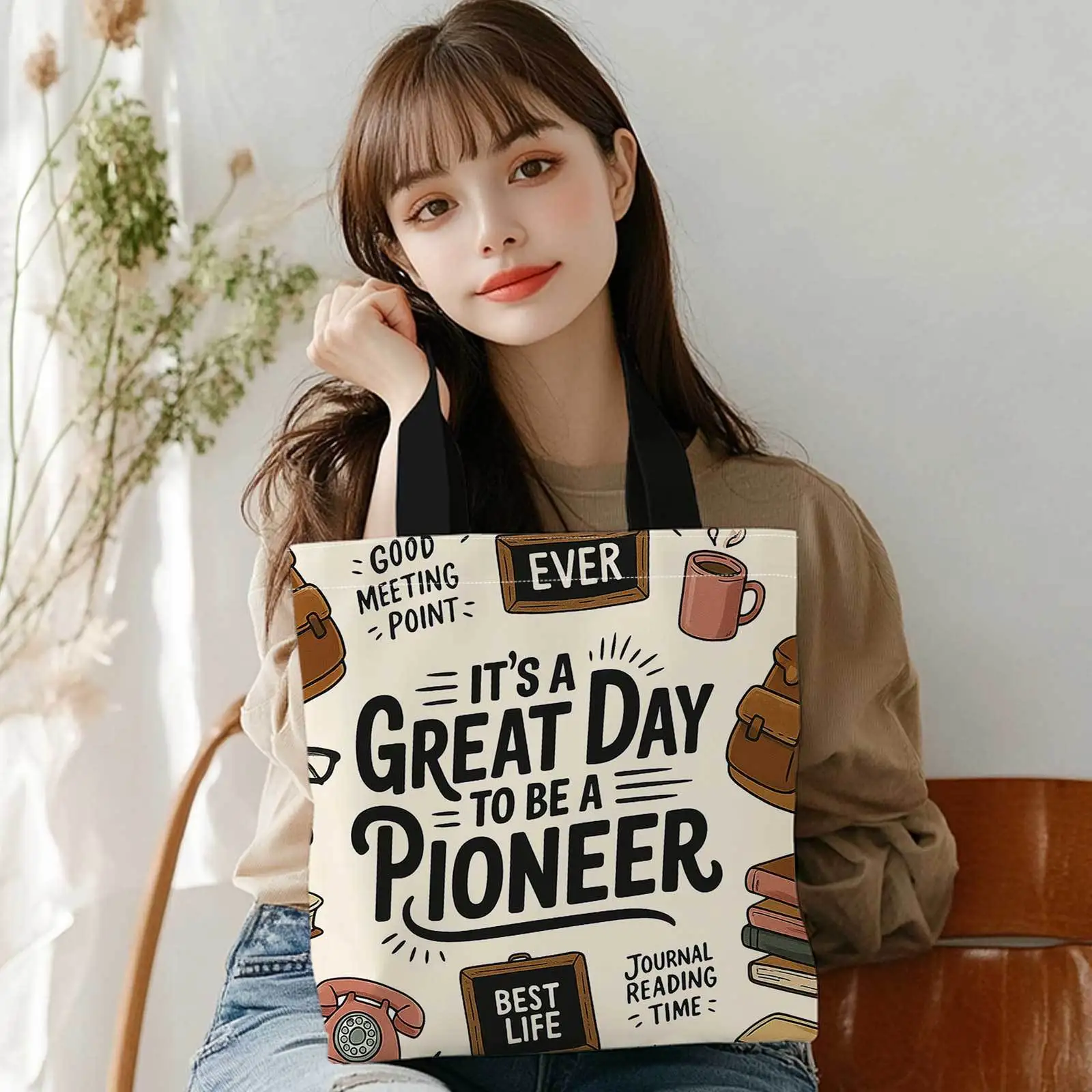 A Shopping Tote Bag with Prints on Both Sides, Featuring Designs Like a Pioneer, Books, And a Retro Phone. It'S Lightweight, Fol view 5