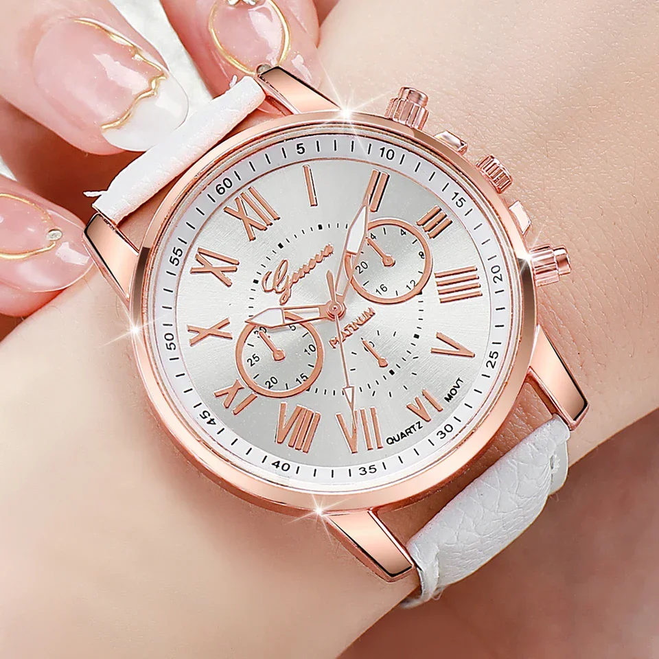 No gift box New Geneva leather strap fashion Roman scale quartz watches   butterfly jewelry 5-piece set