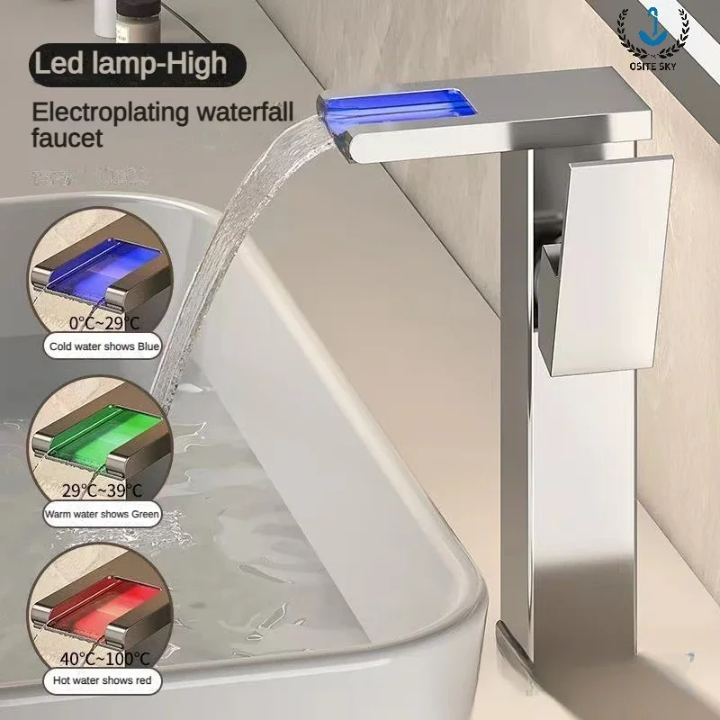 Imagem -05 - Torneira Led Light Waterfall Fluxo de Água Lavatório de Geração de Energia Quente e Fria Single Handle Acessórios do Banheiro