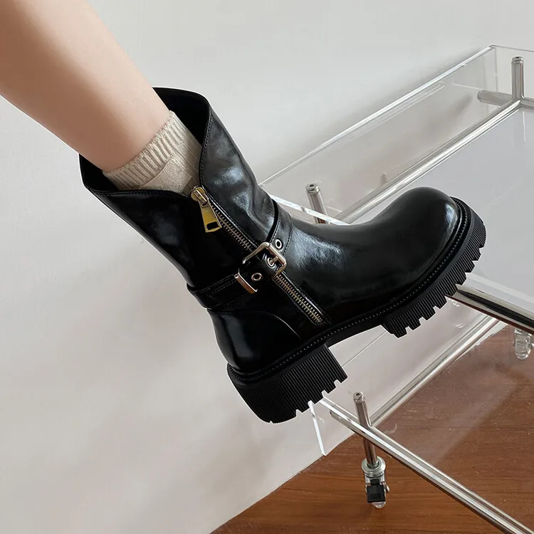 

2023 Women Boots Black Leather Short Riding Botines Platform Thick Sole Punk Motorcycle Botas Side Zipper Metal Buckle Booties