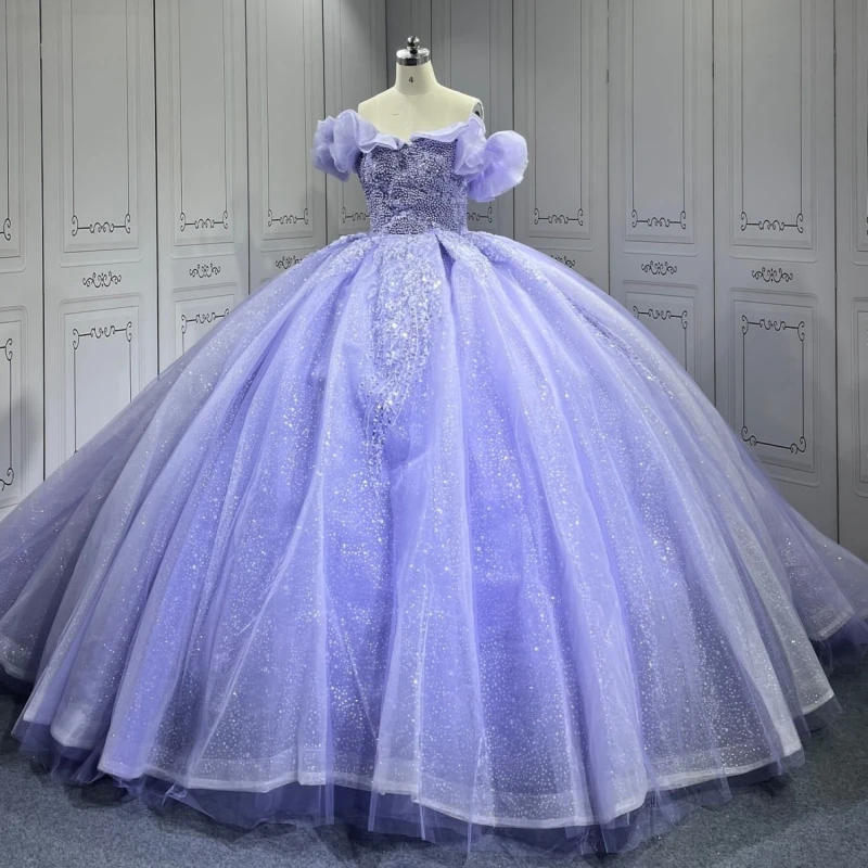 

Blue Shiny Quinceanera Dresses Off The Shoulder Sequin Applique Beading Tull Party Birthday Ball Gown Vestidos De 15 Anos Sweet