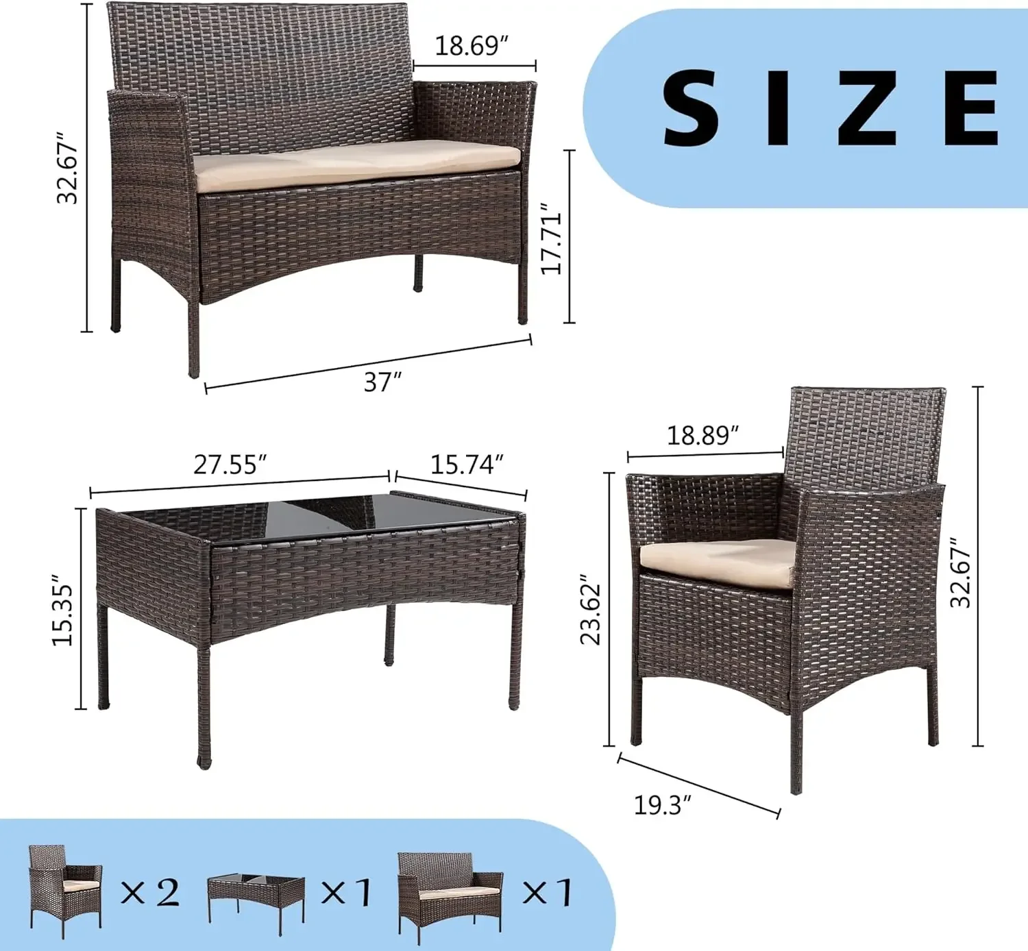 Walsunny-Ensemble de meubles d'extérieur en rotin, chaise WUNICEF, utilisation intérieure et extérieure, porche de jardin, balcon au bord de la piscine, 4 pièces