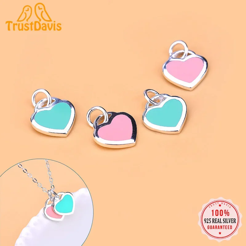 TrustDavis Real 925 Sterling Silver Romantic Glaze Heart Charm Pendant Handmade DIY Necklace Bracelet Accessories Jewelry HY634