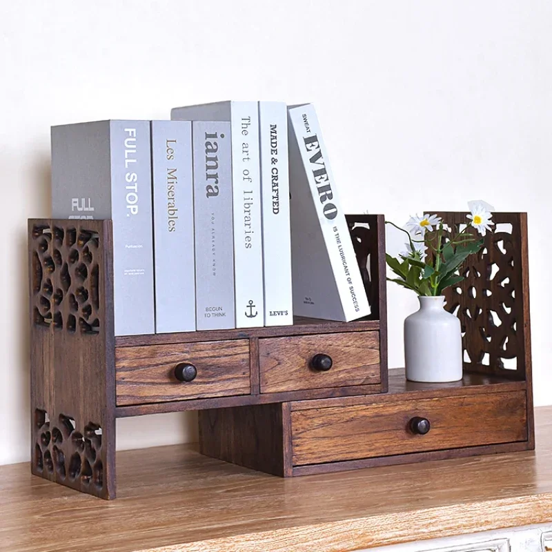 

Small Bookshelf Tabletop Shelving for Home Organization Creative Vintage Solid Wood Bookshelf for Gadgets，Compact Book Storage