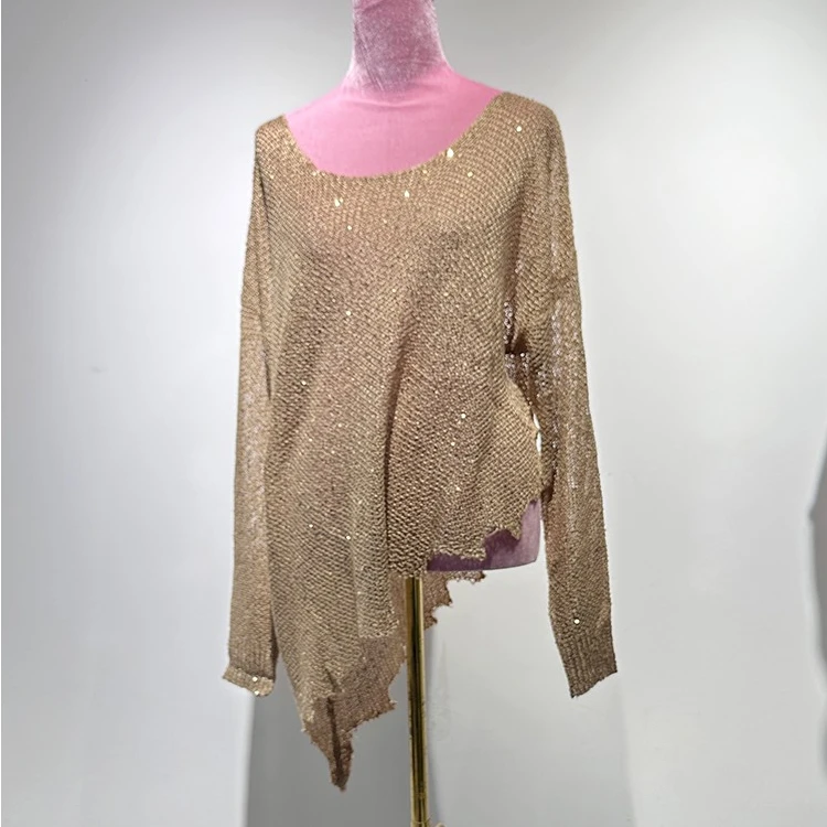 

loose and lazy hollowed out pullovers women irregular shiny sequins golf tops