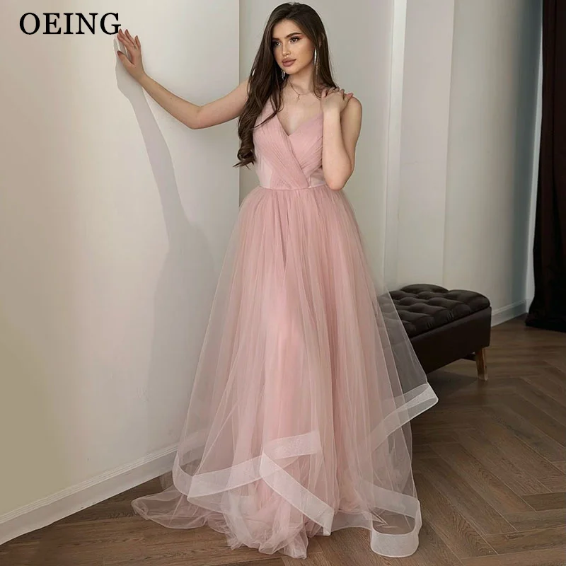 

OEING Pink A-Line Princess Prom Dresses Elegant Spaghetti Strap Sweetheart Party Gowns Simple Floor-Length Soft Tulle Customized