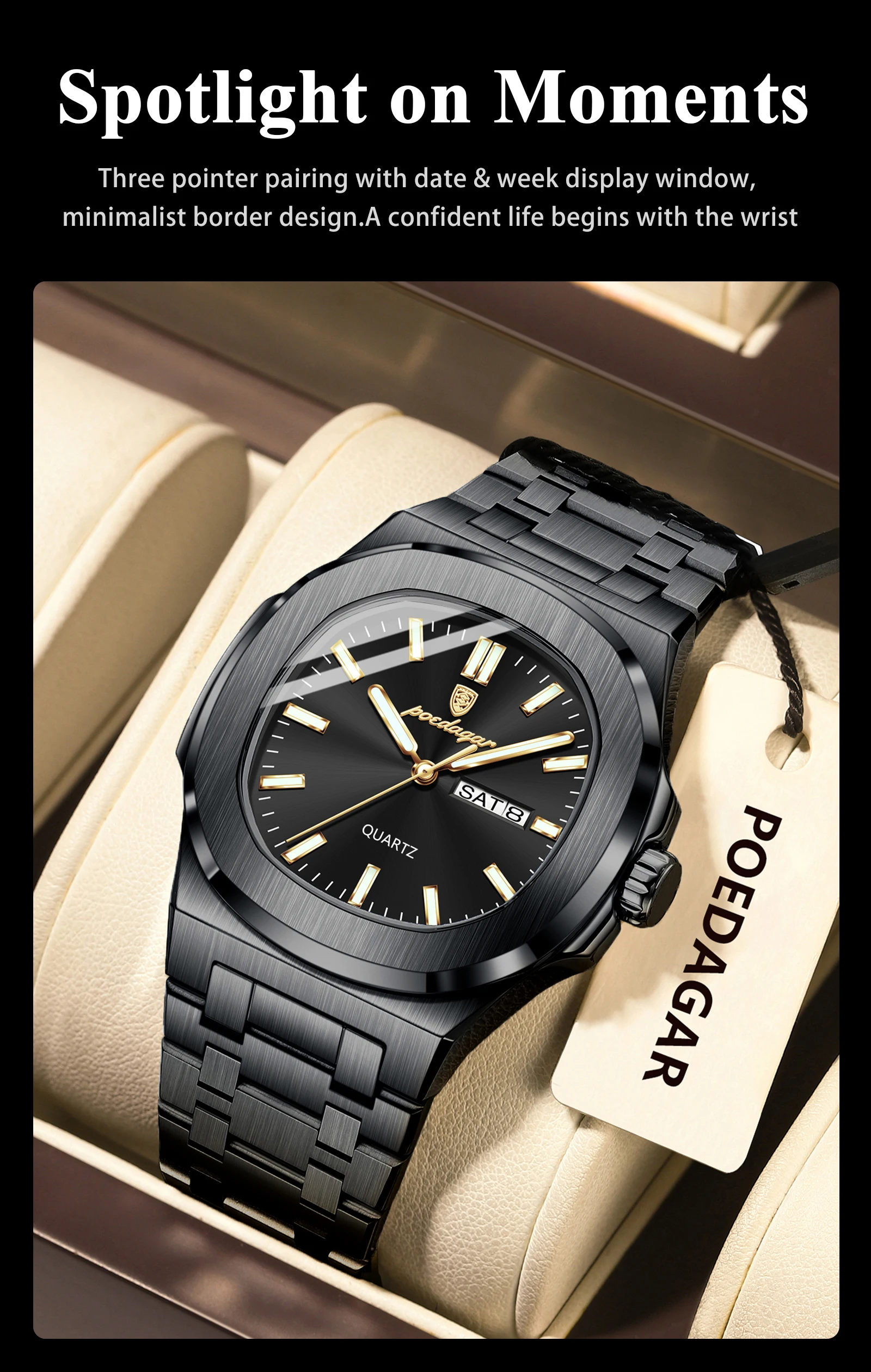 POEDAGAR Luxus Platz herren Uhren Wasserdicht Leucht Datum Woche Männer Uhr Edelstahl Mode Quarz Mann Armbanduhr Reloj – Detail 4