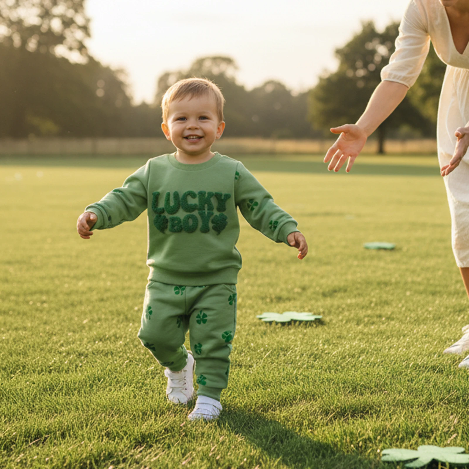 

2Pcs Toddler Baby Boy Outfit Long Sleeve Crew Neck Shamrock Letters Embroidery Sweatshirt and Jogger Pants Set