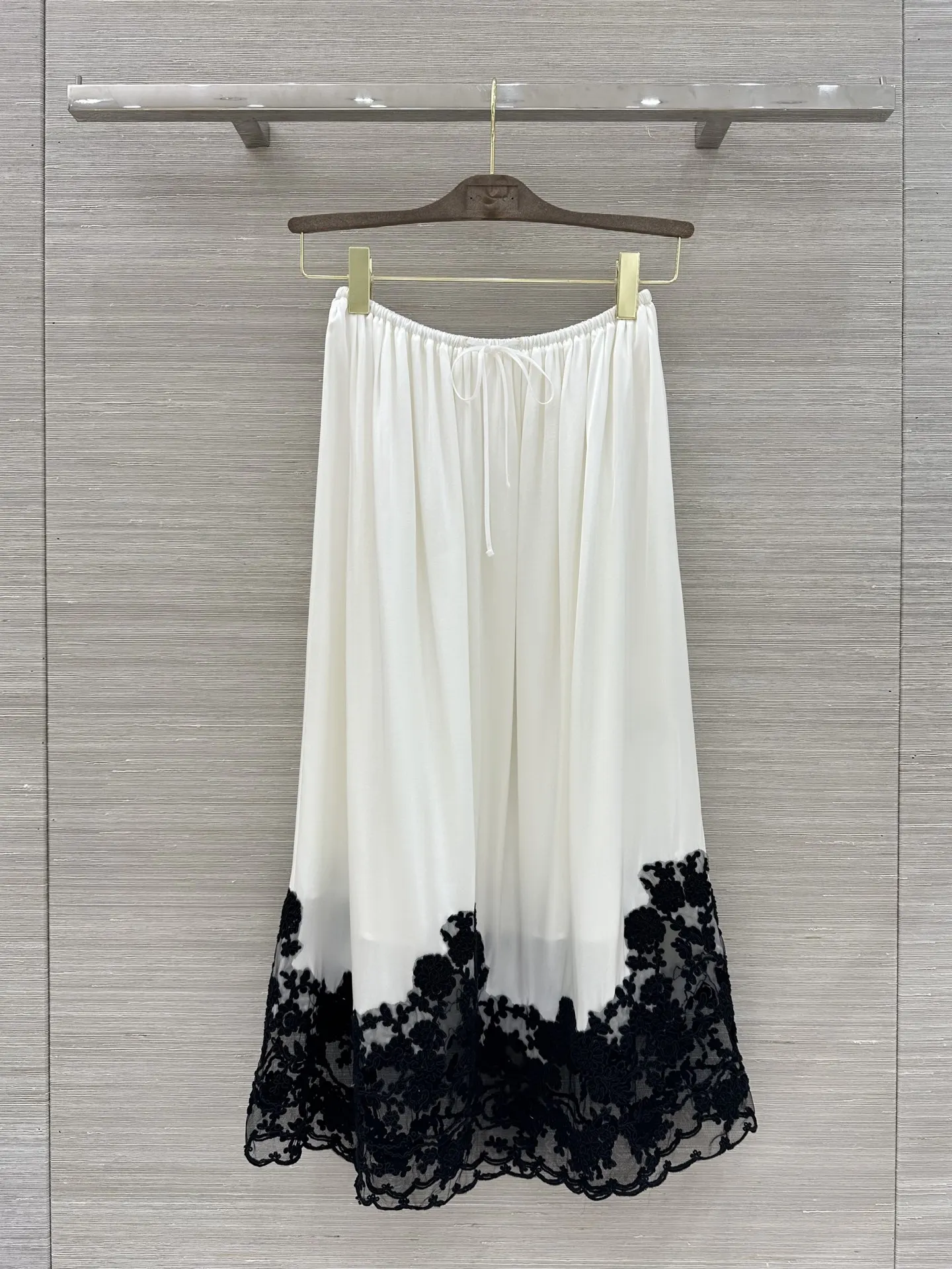 Women's 100% Silk Satin Long Skirt Lace Embroidery Patchwork Elastic Waist A-Line Fashion Ladies Jupe