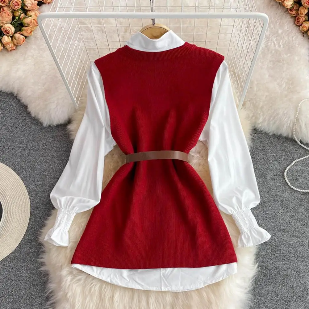 3Pcs/Set Women Shirt Vest Set O-neck Side Slit Knitting Vest Set with Belt Lapel Lantern Long Sleeve Single Breasted Shirt