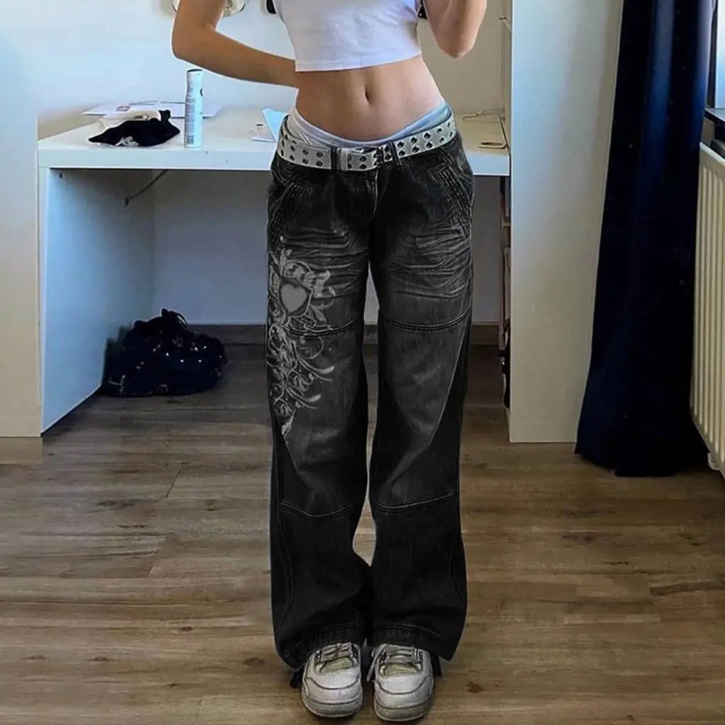 Hipster-bedruckte Jeans für Damen, Distressed Mid-Waist, gerade Hose, Herbst-Streetwear, europäischer und amerikanischer Stil