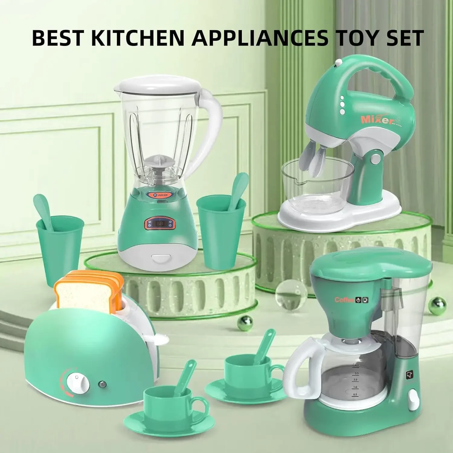 Pretend Play Kitchen Appliances Toy with Sound & Light Coffee Maker Machine Mixer Toaster Blender Kids Kitchen Playset Gifts