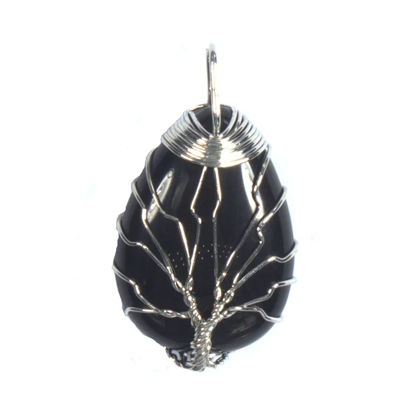 Wire Wrapped Tree of Life Water Drop Natural Purple Amethyst Rose Quartz Healing Crystal Agate Stone Pendant Jewelry For Women