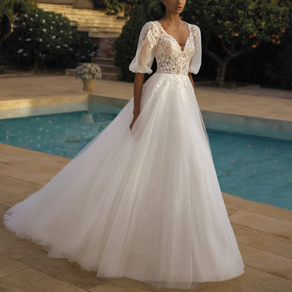 

Half Sleeves A-Line Wedding Dress Shiny Tulle Floor Length with Applique Illusion Open Back Bride Beach Marriage Gowns Robe