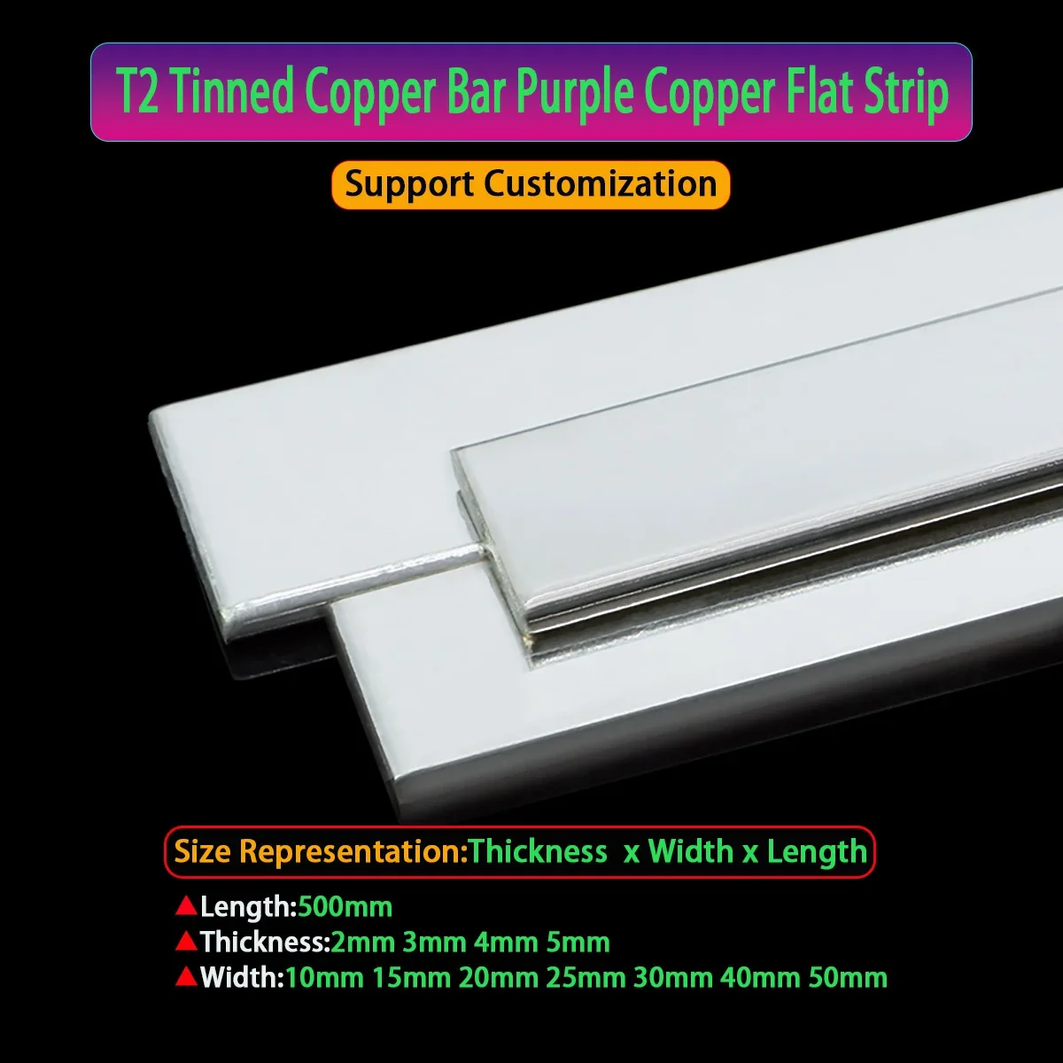 

1Pcs T2 Tinned Copper Bar Purple Copper Flat Strip Conductive Grounding Plate Busbar Thick2mm 3mm 4mm 5mm L500mm Width10-50mm