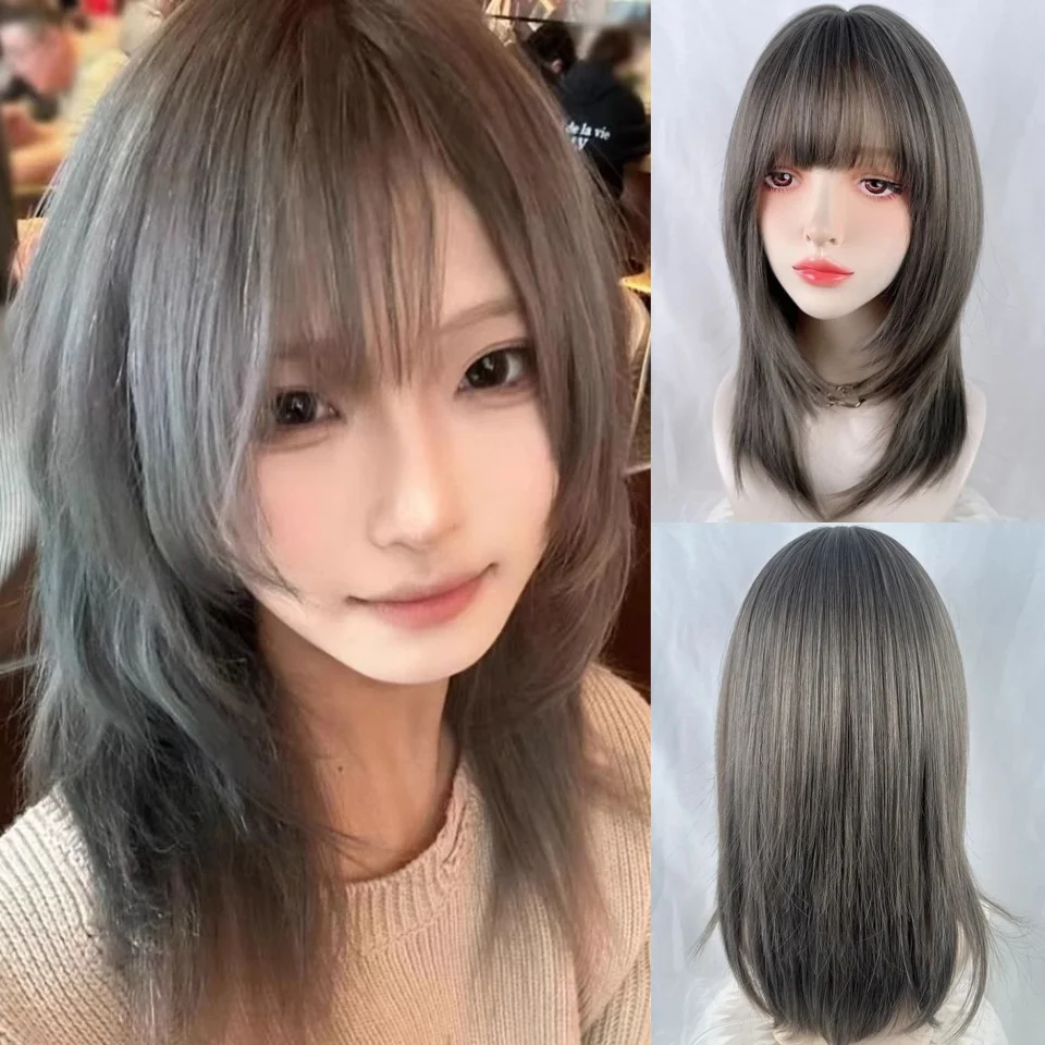 

Straight Layered Hazelnut Gray Wigs with Neat Bangs High Density Synthetic Natural Fake Wig for Women Daily Cosplay Party Wigs