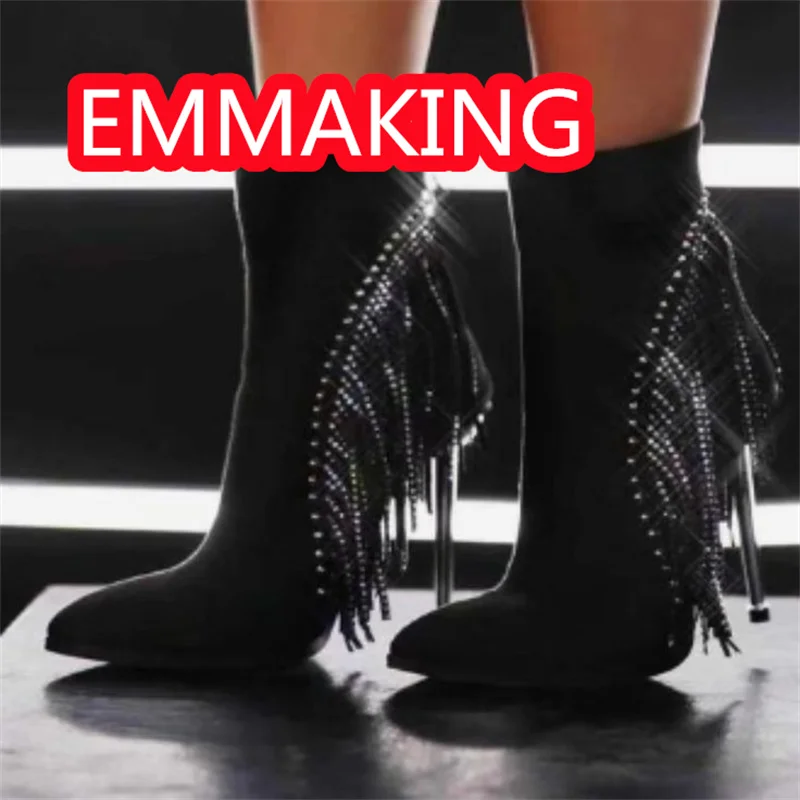أسود الراين شرابات إسفين الشتاء حذاء من الجلد النساء أشار تو موضة المدرج أحذية السيدات الحفلات عالية الكعب حجم 44