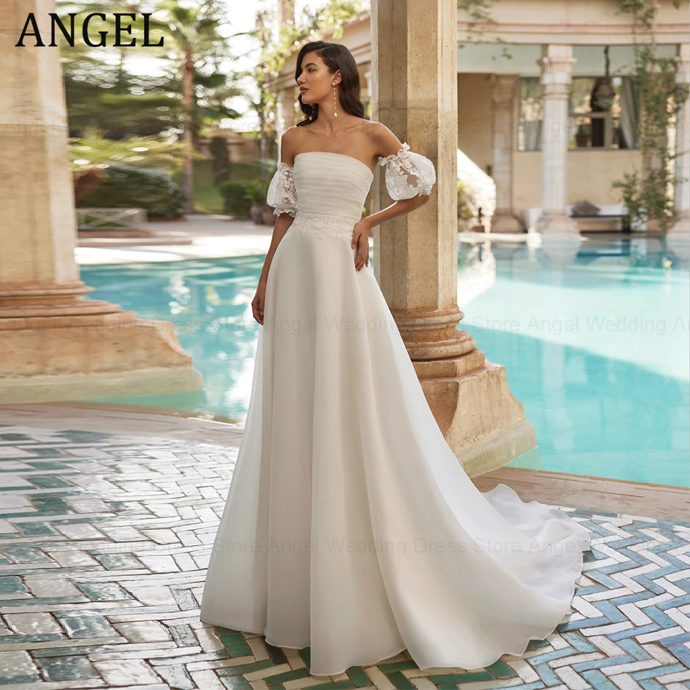 

ANGEL Simple Wedding Dresses for Women A-Line Strapless Long Bridal Gowns 2024 New Lace Applique Pleated Vestido de Novias Boda