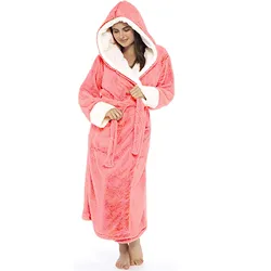 Thick Women Warm Winter Hooded Fleece Gown Plush Lengthened Shawl Bathrobe Home Clothes Long Sleeved Robe Female Nightwear Coat