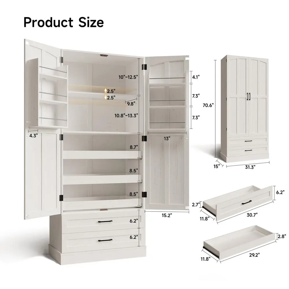 71 Kitchen Pantry Cabinet, 3 PullOut Shelf amp 2 Drawer, OffWhite