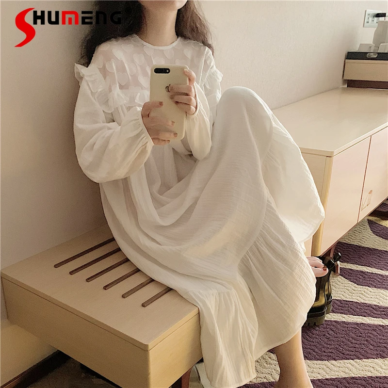 

Heart Embroidery Sexy Nightdress for Women Spring Autumn Pure Cotton Sleepshirts Female Gauze Long Sleeve Sweet Nightgowns