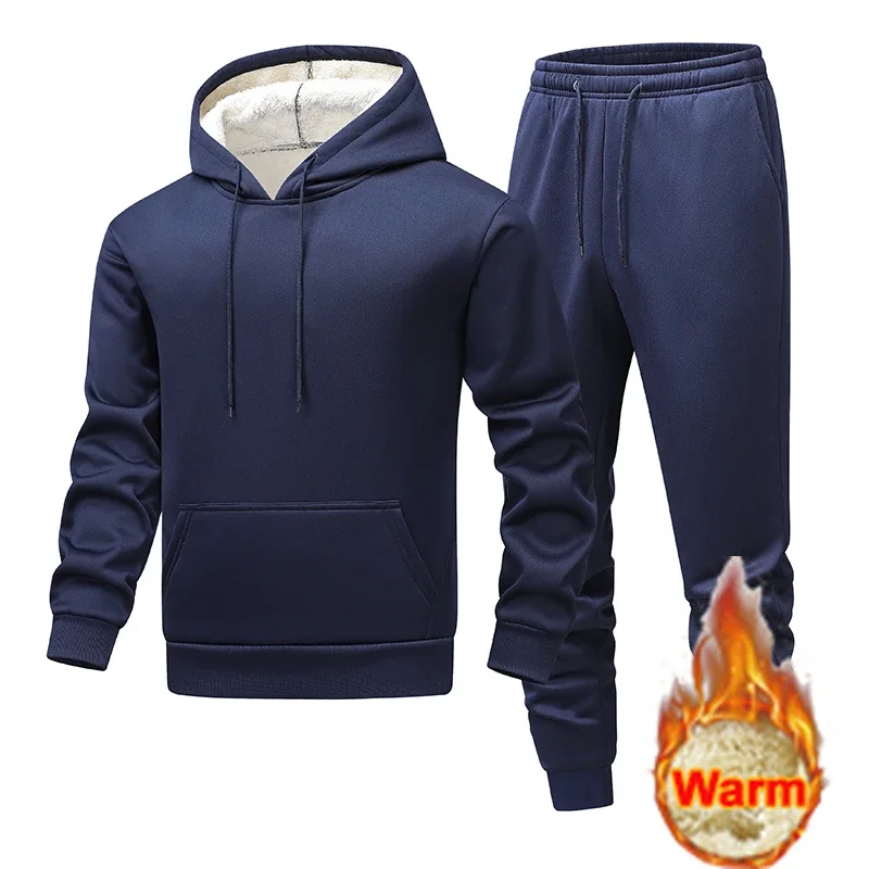 

New European size Winter Fleece Thicken Men's Two-piece Sports Set Hooded Thermal Suit Casual Oversized Tracksuit Funny Suit