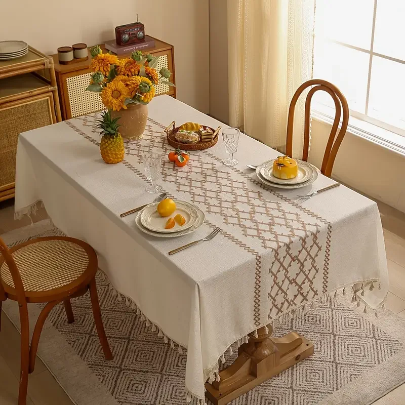 Diamond Grid Thickened Linen Embroidered Tablecloth, Simple Dining Table Cloth, Coffee Table Cover Cloth, Square Tablecloth