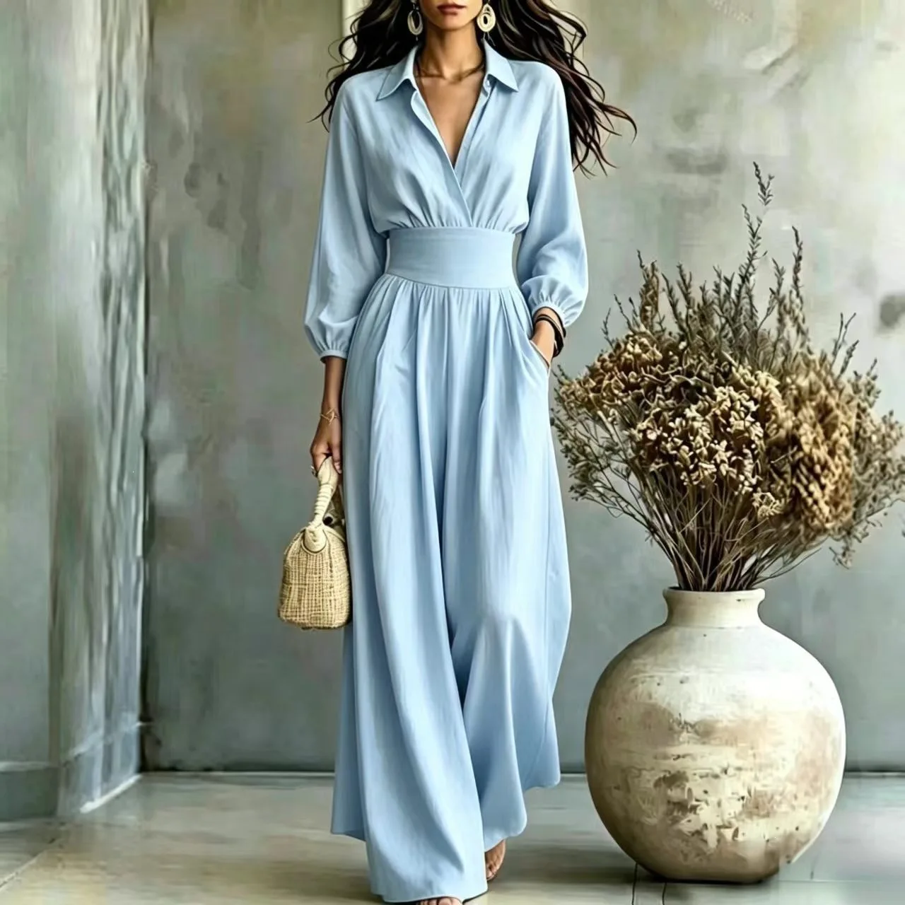 Women Linen Jumpsuit V Neck Roll Up Sleeve High Waist Wide Leg Romper With Pockets Elegant Summer Holiday Party Long Jumpsuit