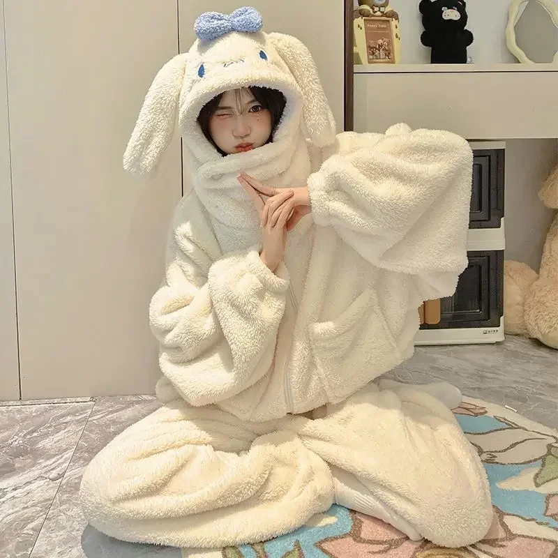 My Melody Anime Kawaii MINISO Ins Long Sleeve Coat Pants Set Cute Cinnamoroll Kuromi Hooded Coral Velvet Pajamas Gifts for Kids