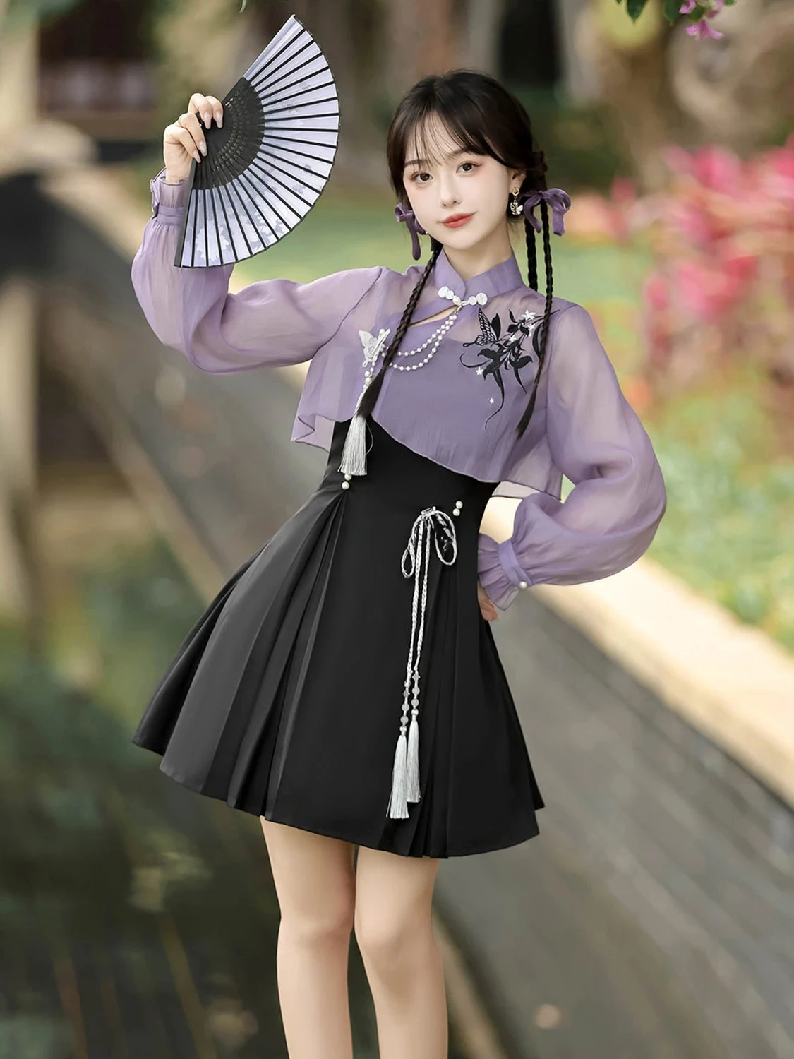 

2025 новый китайский стиль, улучшенные элементы ханьфу, топ с длинными рукавами, юбка с лямкой на шее, элегантное женское платье Ципао в стиле Лолиты JK ZT226