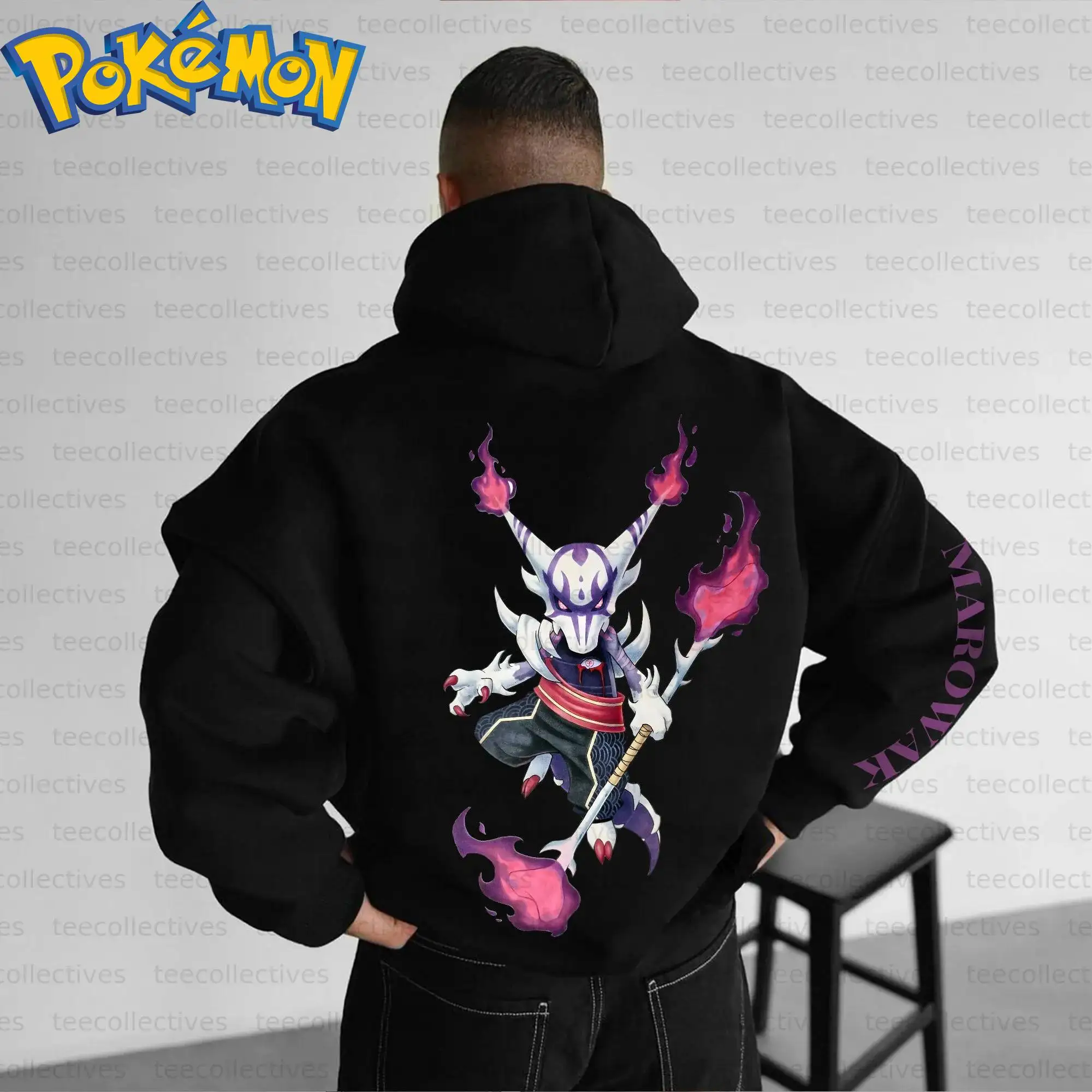Pokemon anime algodão moletom preto personagem impressão com padrão de dragão chama roxa e design de flor rosa casual streetwear