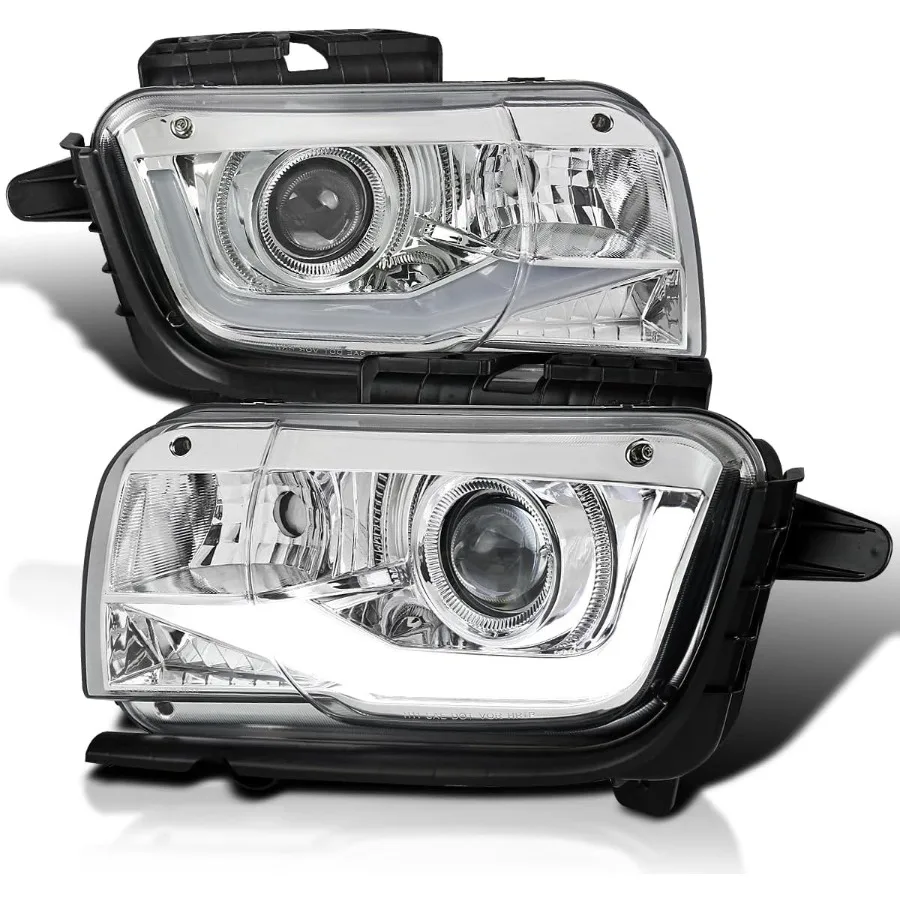 

Glossy Black Smoke Projector Headlights w LED Tube Light Bar Compatible with 2010-2013 Chevy Camaro Left + Right Pair Headlamps