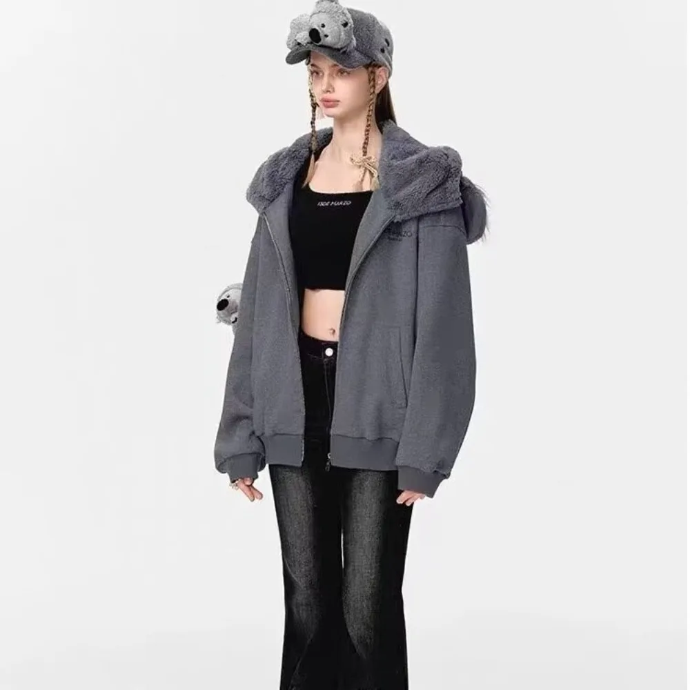 テスコ グレー コアラ デコレーション オーバーサイズ ジップアップ パーカー スウェットシャツ - カジュアル デイリーウェア